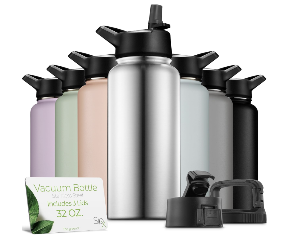 SIPX™ Triple-Insulated Stainless Steel Water Bottle 32oz. With 3 Lids, BPA-Free Reusable Insulated Water Bottle Keeps Cold 24 Hours,